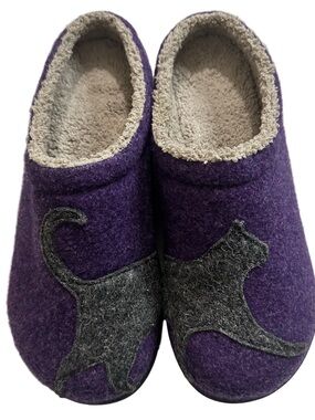 L.L. Bean Purple Gray Felt Cat Motif Appliqué Daybreak Slip-On Slippers Size 10
